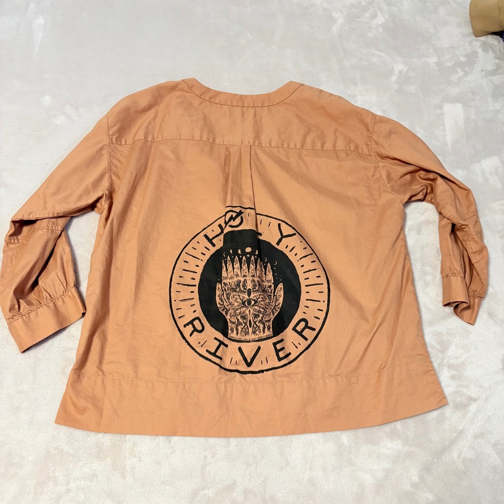 Everlane Holy River Graphic Button Down Lantern Top Women Orange 6 V-Neck Cotton